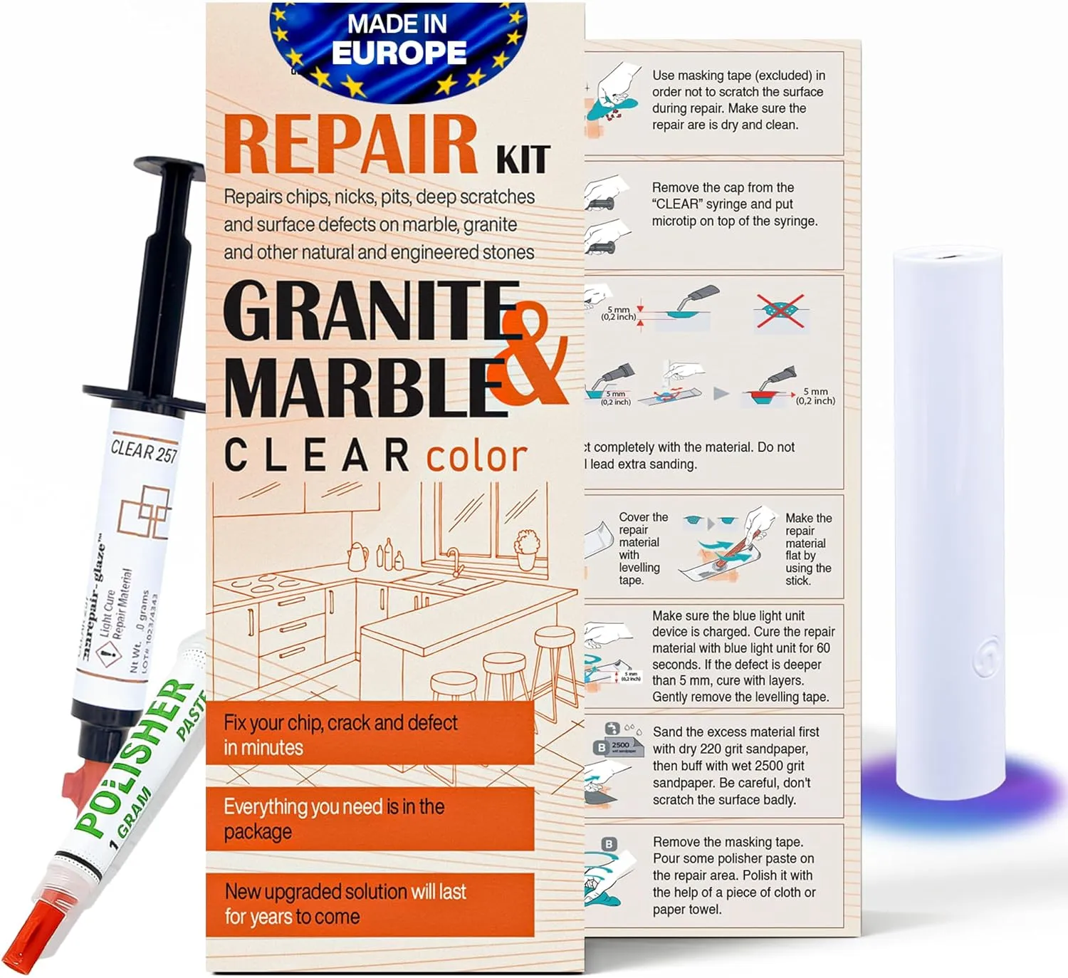Marble, Granite & Quartz Countertop Chip Repair Kit - Clear