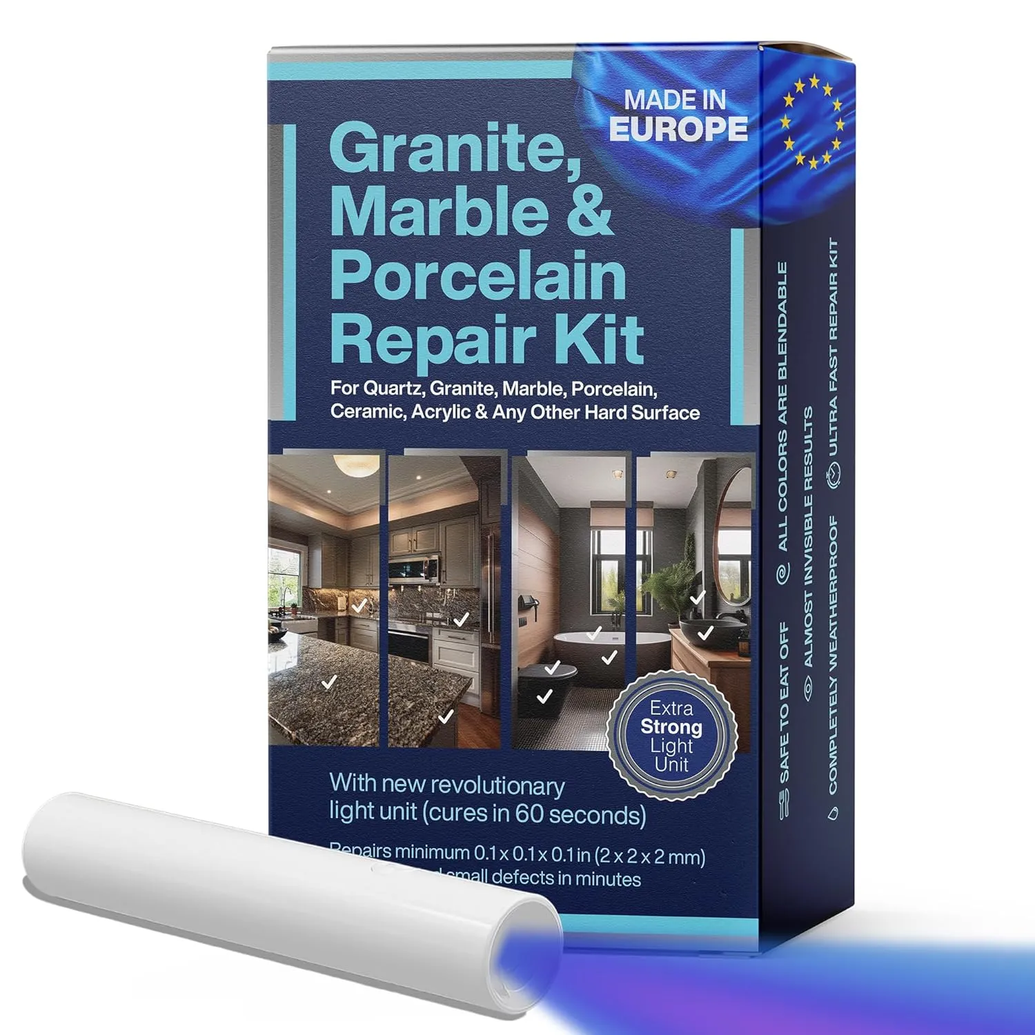 Granite, Marble & Porcelain Chip Repair Kit - Acrylic White, Black, Clear